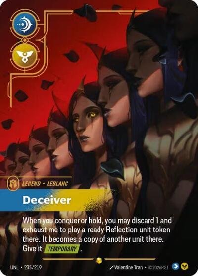 Riftbound card: LeBlanc - Deceiver (Overnumbered) 235/219 from Unleashed (Showcase), front of card