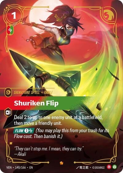 Riftbound card: Shuriken Flip Epic 140/166 from Vendetta (Signature Spell), front of card