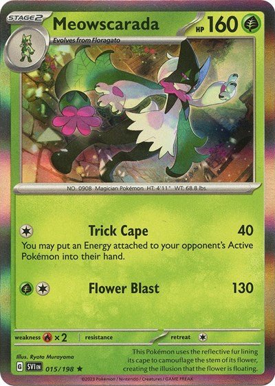 Pokémon card: Meowscarada 015/198 from Scarlet & Violet base set (Rare), Grass type, front of card
