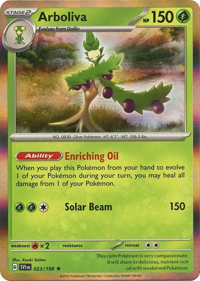 Pokémon card: Arboliva 023/198 from Scarlet & Violet base set (Rare), Grass type, front of card
