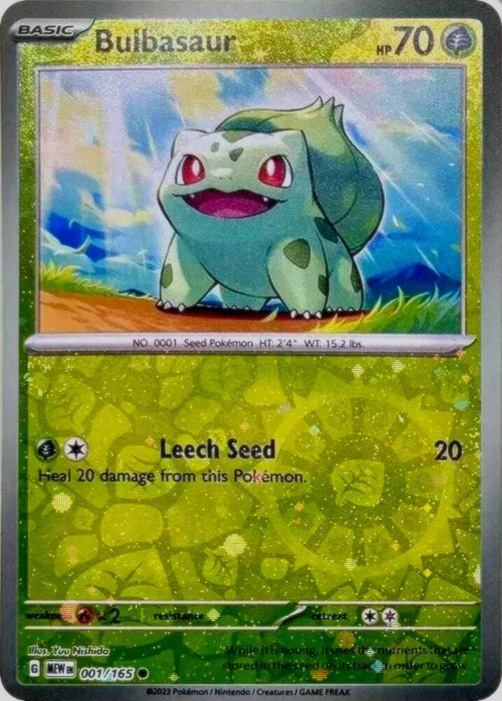 Pokémon card: Bulbasaur Common (Cosmos Reverse Holofoil Promo) 001/165 from 151 (SV2a) (Common), Grass type, front of card
