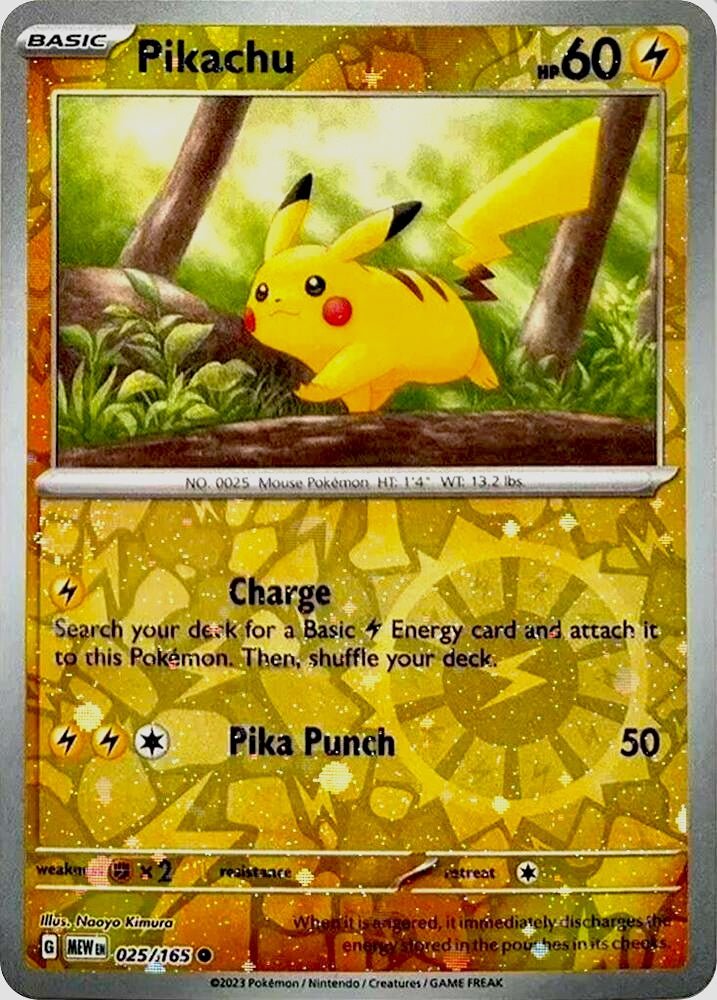 Pokémon card: Pikachu Common (Cosmos Reverse Holofoil Promo) 025/165 from 151 (SV2a) (Common), Lightning type, front of card