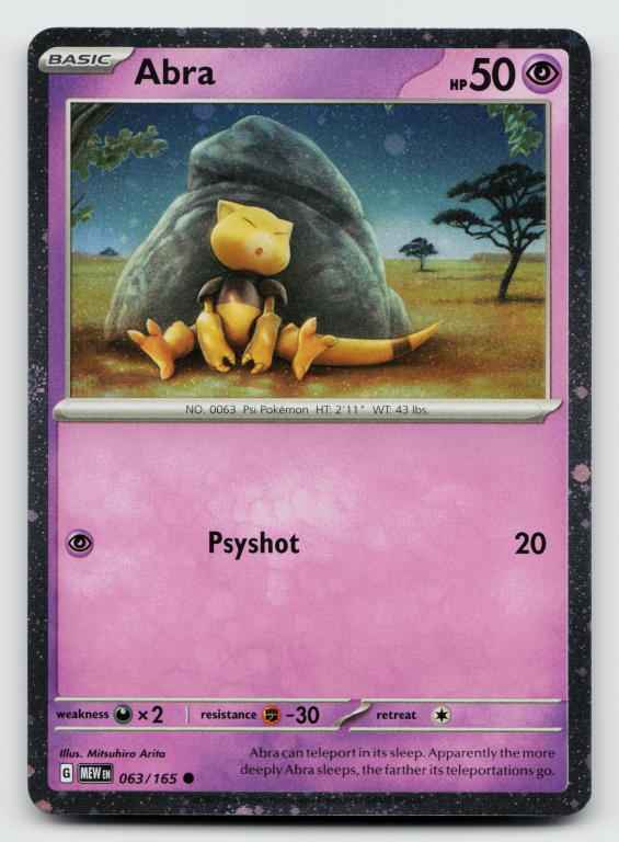 Pokémon card: Abra Common (Cosmos Holofoil Promo) 063/165 from 151 (SV2a) (Common), Psychic type, front of card