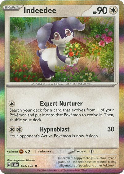 Pokémon card: Indeedee 153/198 from Scarlet & Violet base set (Rare), Colorless type, front of card