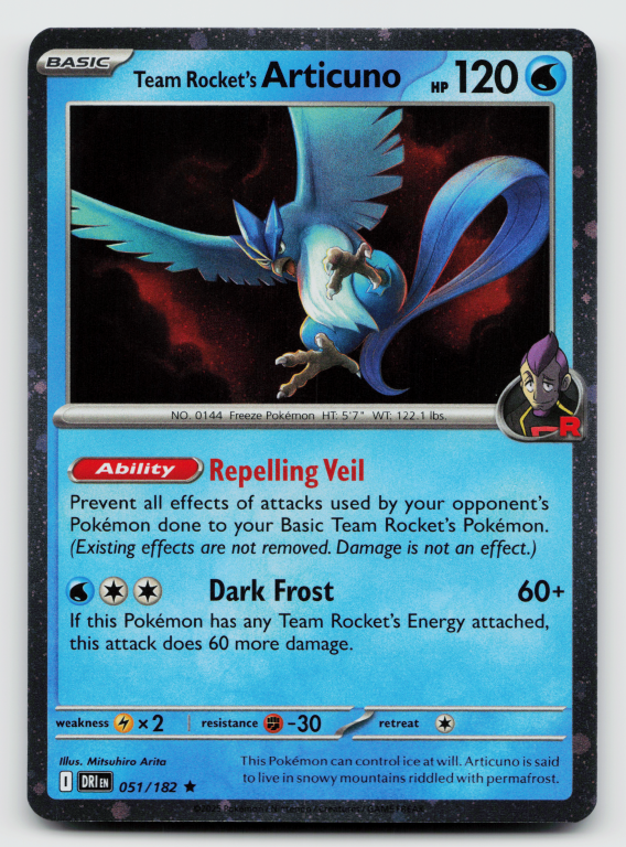 Pokémon card: Team Rocket's Articuno Rare (Cosmos Holofoil Promo) 051/182 from Destined Rivals (Rare), Water type, front of card
