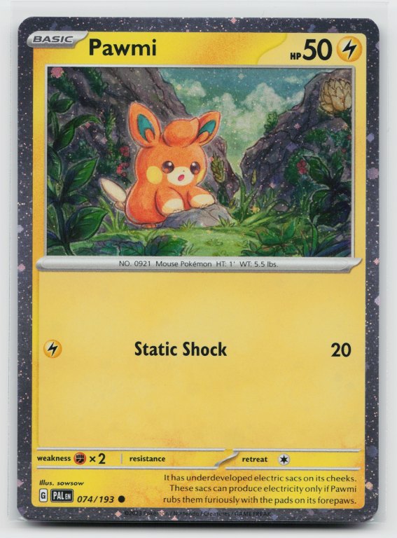 Pokémon card: Pawmi Common (Cosmos Holofoil Promo) 074/193 from Paldea Evolved (Common), Lightning type, front of card