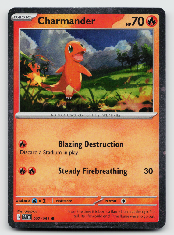 Pokémon card: Charmander Common (Cosmos Holofoil Promo) 007/091 from Paldean Fates (Common), Fire type, front of card