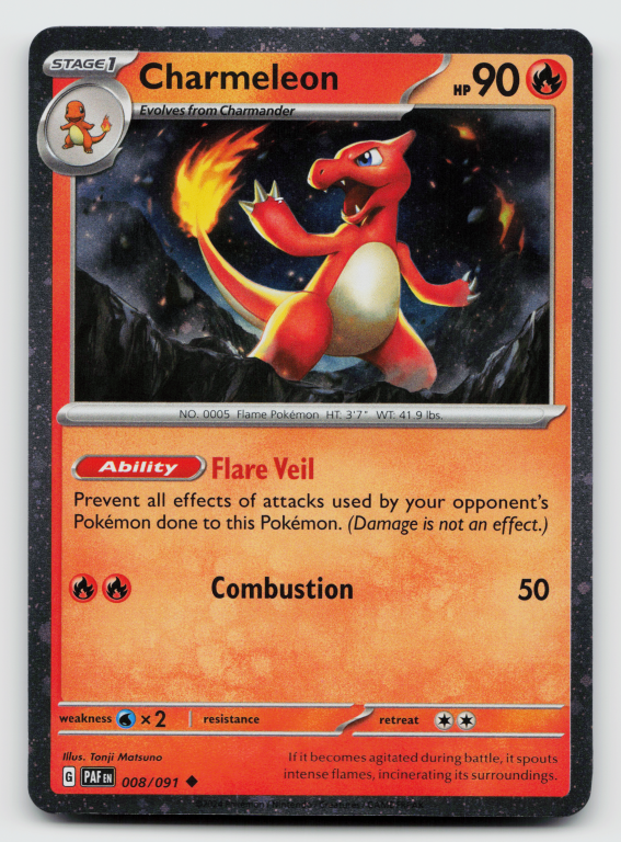 Pokémon card: Charmeleon Uncommon (Cosmos Holofoil Promo) 008/091 from Paldean Fates (Uncommon), Fire type, front of card