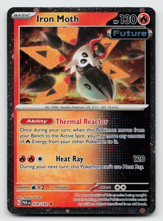 Pokémon card: Iron Moth Rare (Cosmos Holofoil Promo) 028/182 from Paradox Rift (Rare), Fire type, front of card
