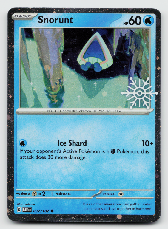 Pokémon card: Snorunt Common (Snowflake Stamp Cosmos Holofoil Promo) 037/182 from Paradox Rift (Common), Water type, front of card