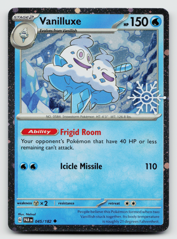 Pokémon card: Vanilluxe Uncommon Sealed (Snowflake Stamp Cosmos Holofoil Promo) 045/182 from Paradox Rift (Uncommon), Water type, front of card