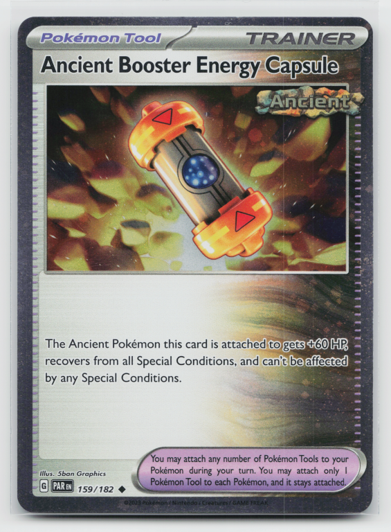 Pokémon card: Ancient Booster Energy Capsule Uncommon (Cosmos Holofoil Promo) 159/182 from Paradox Rift (Uncommon), front of card