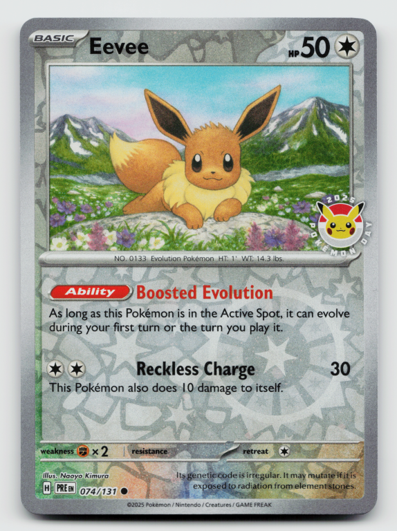 Pokémon card: Eevee Common (Cosmos Holofoil) 074/131 from Prismatic Evolutions (Common), Colorless type, front of card