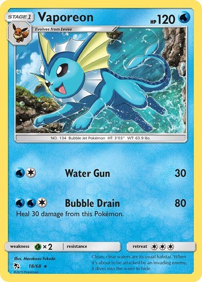 Pokémon card: Vaporeon 018/068 from Hidden Fates (Holo Rare), Water type, front of card
