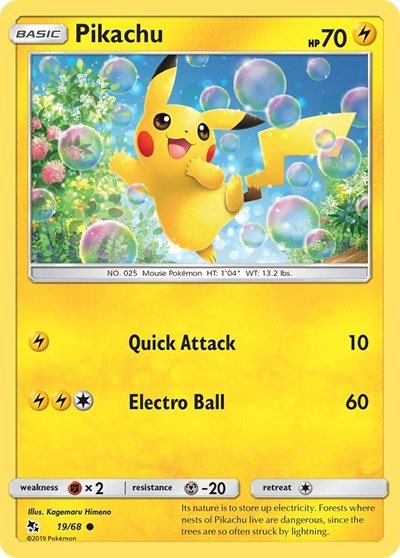 Pokémon card: Pikachu 019/068 from Hidden Fates (Common), Lightning type, front of card