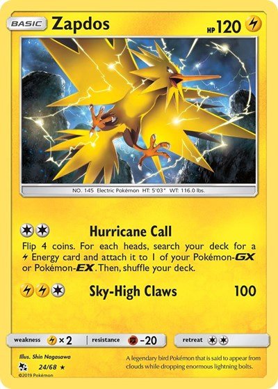 Pokémon card: Zapdos 024/068 from Hidden Fates (Holo Rare), Lightning type, front of card