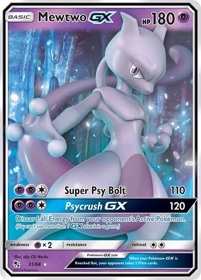 Pokémon card: Mewtwo GX 031/068 from Hidden Fates (Ultra Rare), Psychic type, front of card
