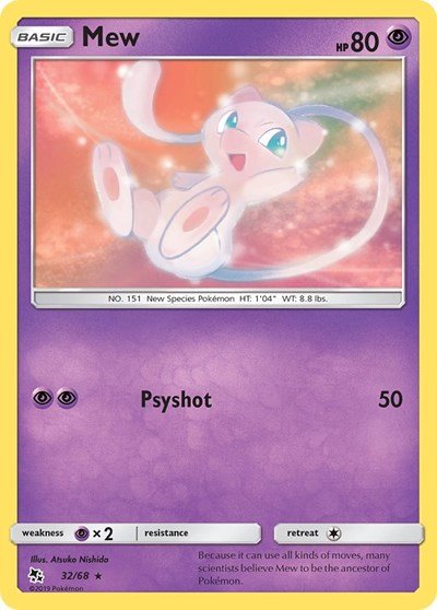 Pokémon card: Mew 032/068 from Hidden Fates (Rare), Psychic type, front of card