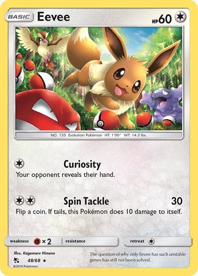 Pokémon card: Eevee 048/068 from Hidden Fates (Holo Rare), Colorless type, front of card