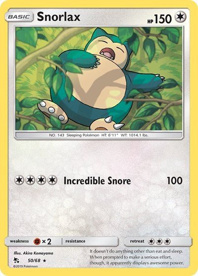 Pokémon card: Snorlax 050/068 from Hidden Fates (Rare), Colorless type, front of card