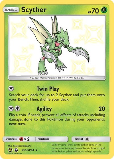 Pokémon card: Scyther SV1/SV94 from Hidden Fates Shiny Vault (Shiny Holo Rare), Grass type, front of card