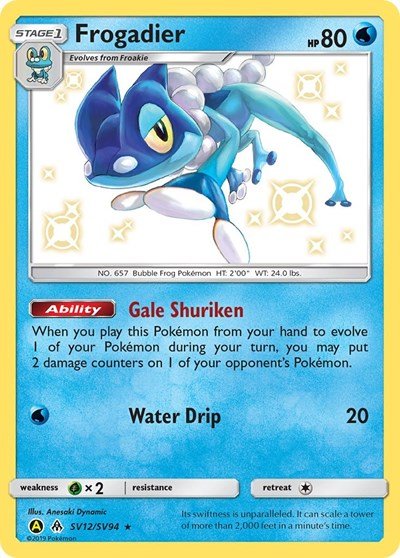 Pokémon card: Frogadier SV12/SV94 from Hidden Fates Shiny Vault (Shiny Holo Rare), Water type, front of card