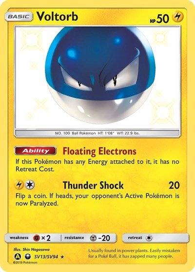 Pokémon card: Voltorb SV13/SV94 from Hidden Fates Shiny Vault (Shiny Holo Rare), Lightning type, front of card