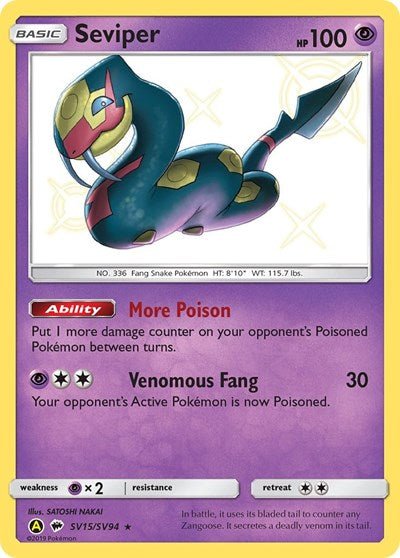 Pokémon card: Seviper SV15/SV94 from Hidden Fates Shiny Vault (Shiny Holo Rare), Psychic type, front of card