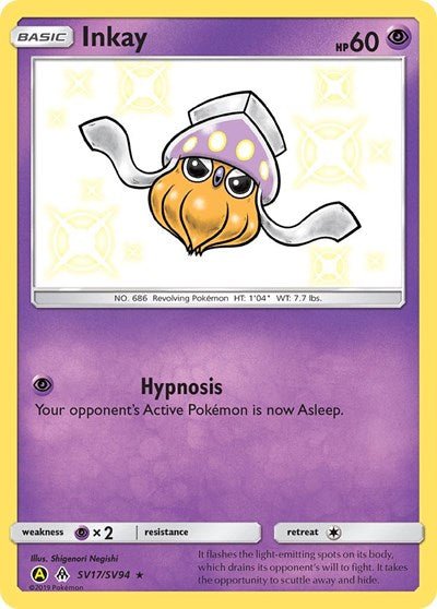 Pokémon card: Inkay SV17/SV94 from Hidden Fates Shiny Vault (Shiny Holo Rare), front of card