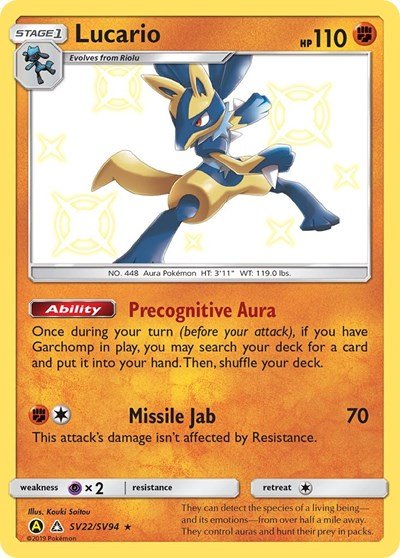 Pokémon card: Lucario SV22/SV94 from Hidden Fates Shiny Vault (Shiny Holo Rare), Fighting type, front of card