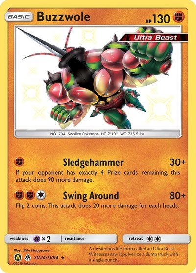 Pokémon card: Buzzwole SV24/SV94 from Hidden Fates Shiny Vault (Shiny Holo Rare), Fighting type, front of card
