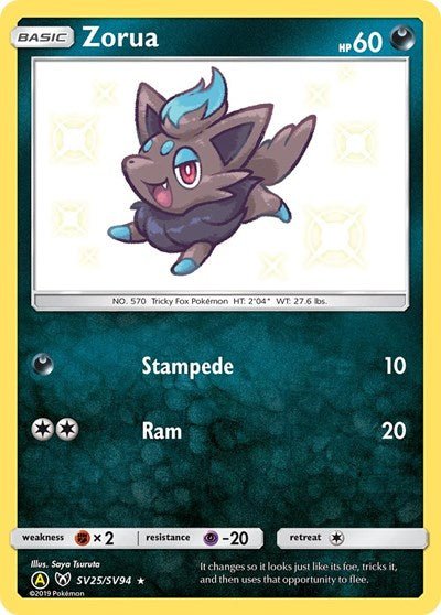 Pokémon card: Zorua SV25/SV94 from Hidden Fates Shiny Vault (Shiny Holo Rare), Darkness type, front of card