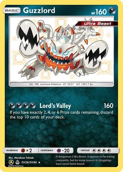 Pokémon card: Guzzlord SV26/SV94 from Hidden Fates Shiny Vault (Shiny Holo Rare), Darkness type, front of card