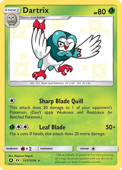 Pokémon card: Dartrix SV3/SV94 from Hidden Fates Shiny Vault (Shiny Holo Rare), Grass type, front of card