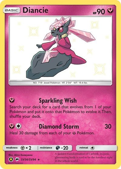 Pokémon card: Diancie SV36/SV94 from Hidden Fates Shiny Vault (Shiny Holo Rare), Fairy type, front of card