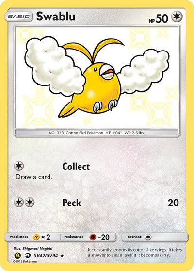 Pokémon card: Swablu SV42/SV94 from Hidden Fates Shiny Vault (Shiny Holo Rare), Colorless type, front of card