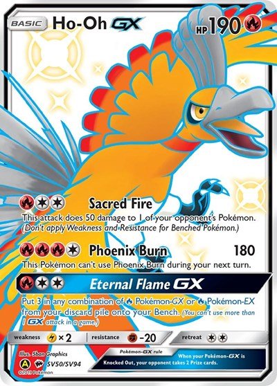 Pokémon card: Ho-Oh GX SV50/SV94 from Hidden Fates Shiny Vault (Shiny Holo Rare), Fire type, front of card