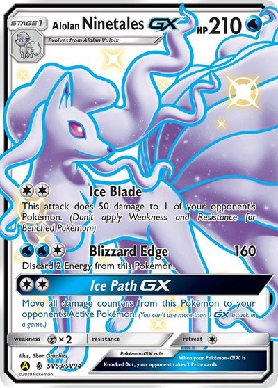 Pokémon card: Alolan Ninetales GX SV53/SV94 from Hidden Fates Shiny Vault (Shiny Holo Rare), Water type, front of card