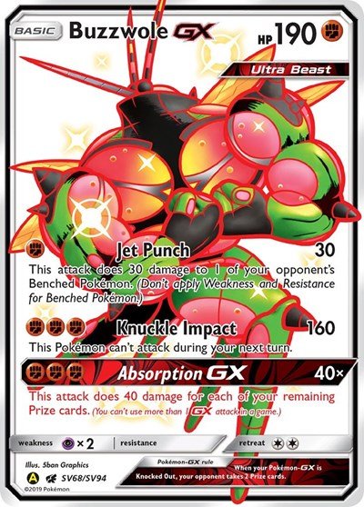 Pokémon card: Buzzwole GX SV68/SV94 from Hidden Fates Shiny Vault (Shiny Holo Rare), Fighting type, front of card