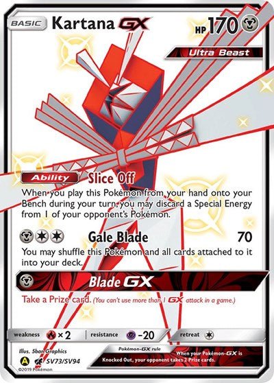 Pokémon card: Kartana GX SV73/SV94 from Hidden Fates Shiny Vault (Shiny Holo Rare), Metal type, front of card