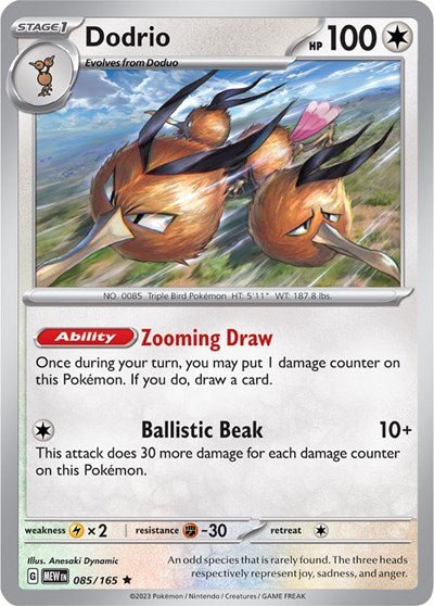 Pokémon card: Dodrio 085/165 from 151 (SV2a) (Rare), Colorless type, front of card