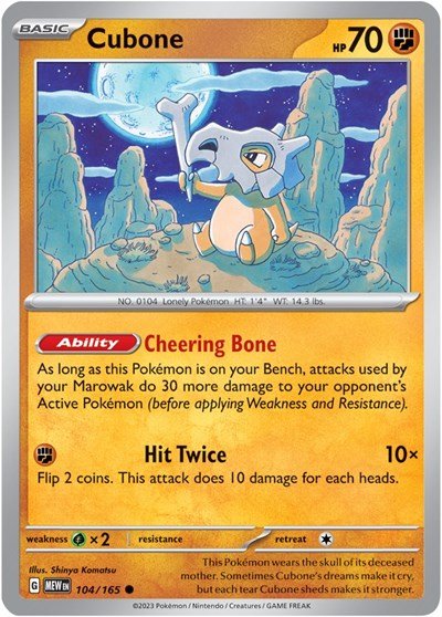 Pokémon card: Cubone 104/165 from 151 (SV2a) (Common), Fighting type, front of card