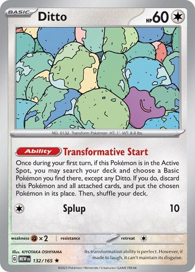 Pokémon card: Ditto 132/165 from 151 (SV2a) (Rare), Colorless type, front of card