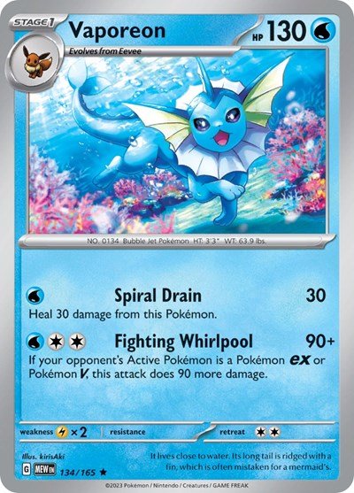 Pokémon card: Vaporeon 134/165 from 151 (SV2a) (Rare), Water type, front of card