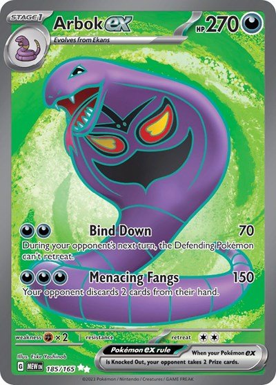 Pokémon card: Arbok ex 185/165 from 151 (SV2a) (Ultra Rare), Darkness type, front of card
