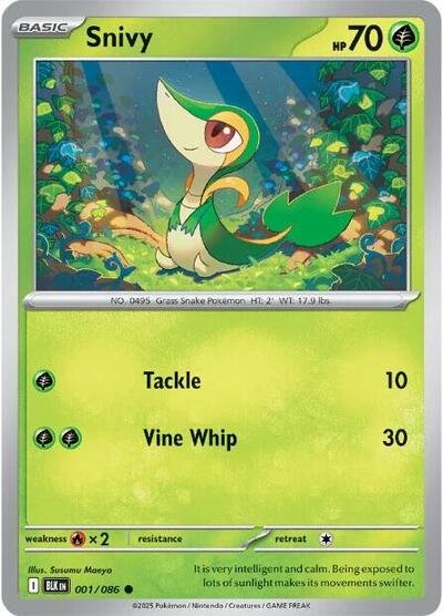 Pokémon card: Snivy (Master Ball Pattern) 001/086 from Black Bolt (Common), Grass type, front of card