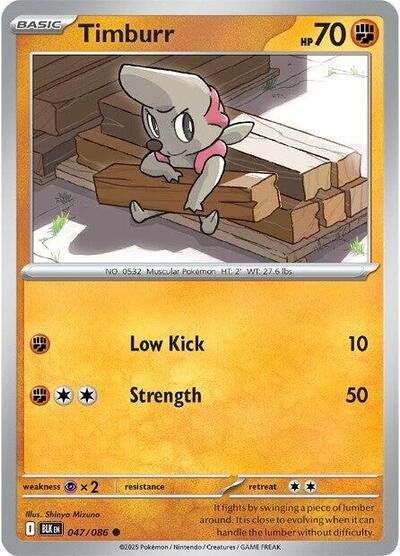 Pokémon card: Timburr (Poke Ball Pattern) 047/086 from Black Bolt (Common), Fighting type, front of card