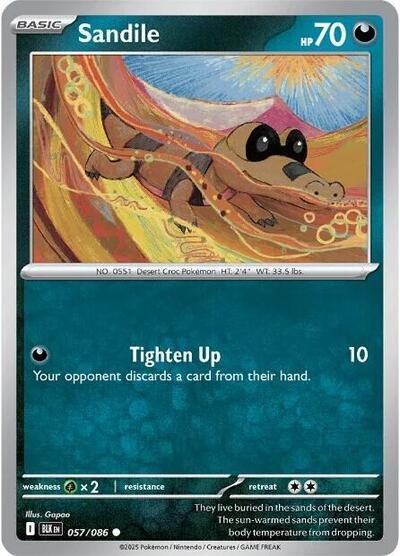 Pokémon card: Sandile (Poke Ball Pattern) 057/086 from Black Bolt (Common), Darkness type, front of card