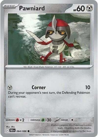 Pokémon card: Pawniard (Master Ball Pattern) 064/086 from Black Bolt (Common), Metal type, front of card