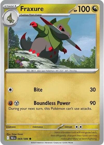Pokémon card: Fraxure (Poke Ball Pattern) 069/086 from Black Bolt (Common), Dragon type, front of card